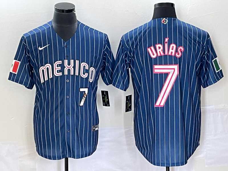 Men's Mexico Baseball #7 Julio Urias Number Navy Blue Pinstripe 2020 World Series Cool Base Nike Jersey